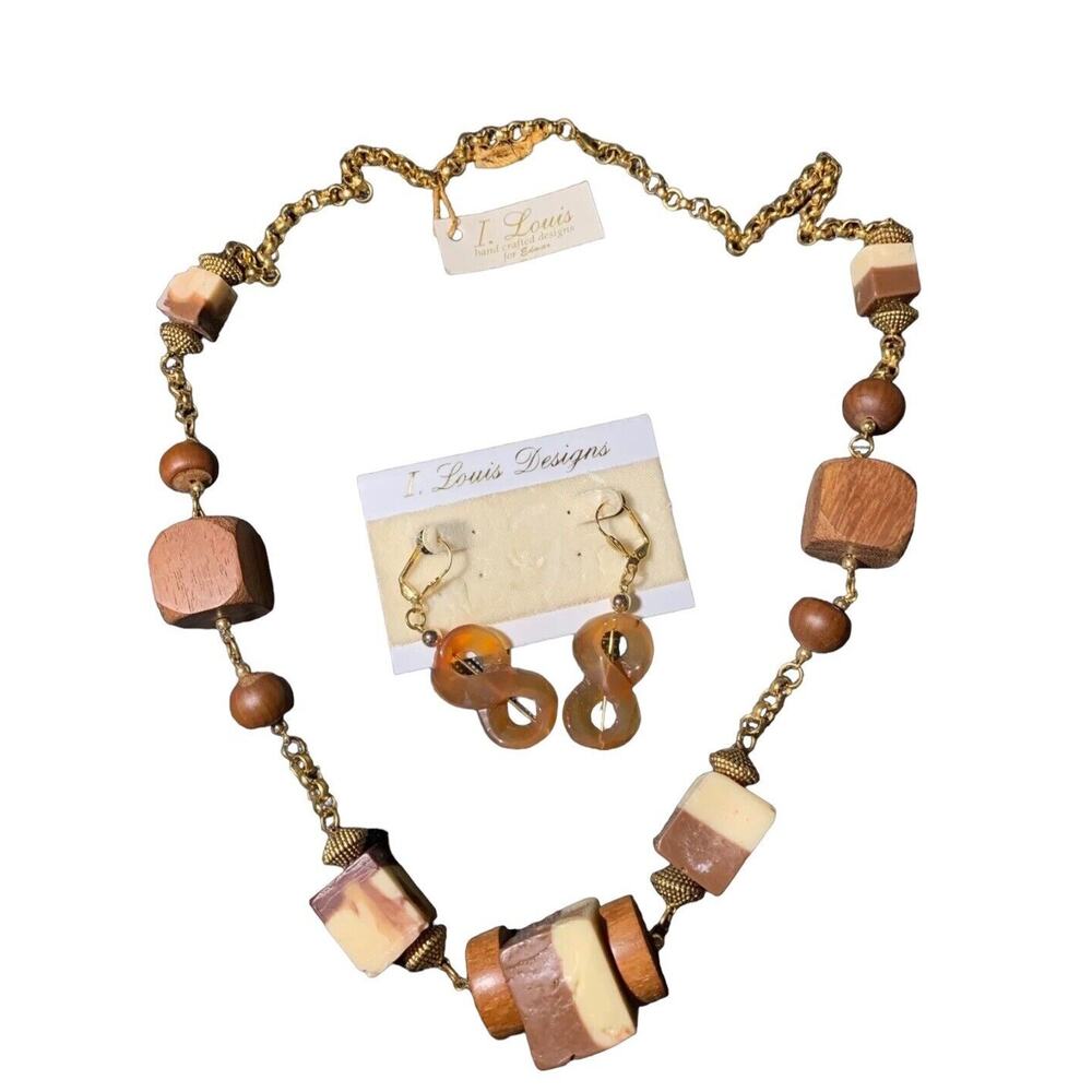 Necklace & Earrings Faux Gold, Wood & Plastic Bead Ethnic Edmar New Vtg